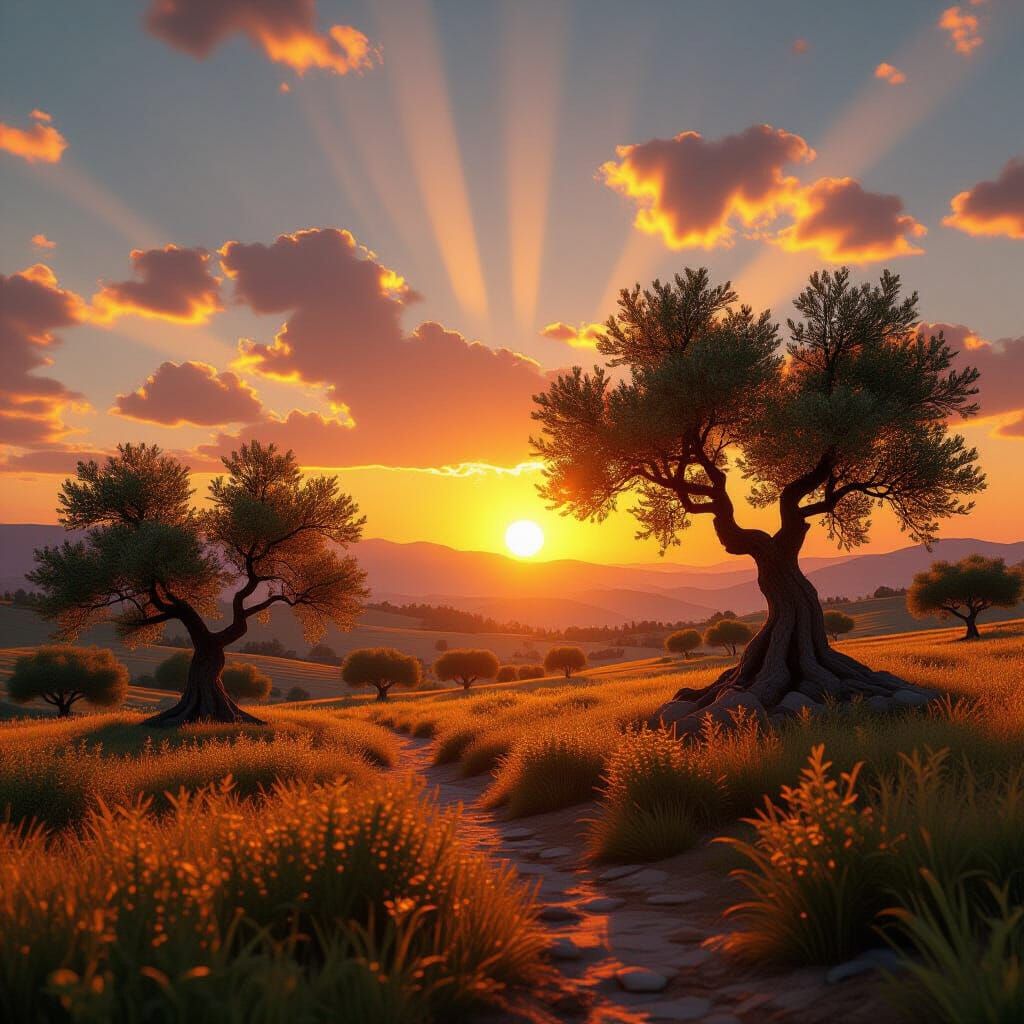 Serene Sunrise Over Ancient Olive Trees in Golden Hour