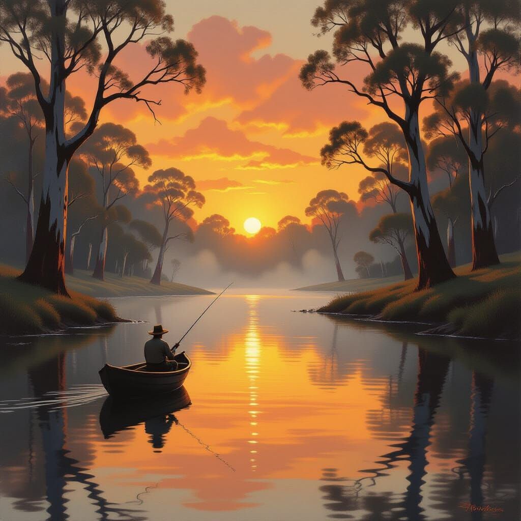 Misty River Sunrise with Fisherman in Oil Painting Style