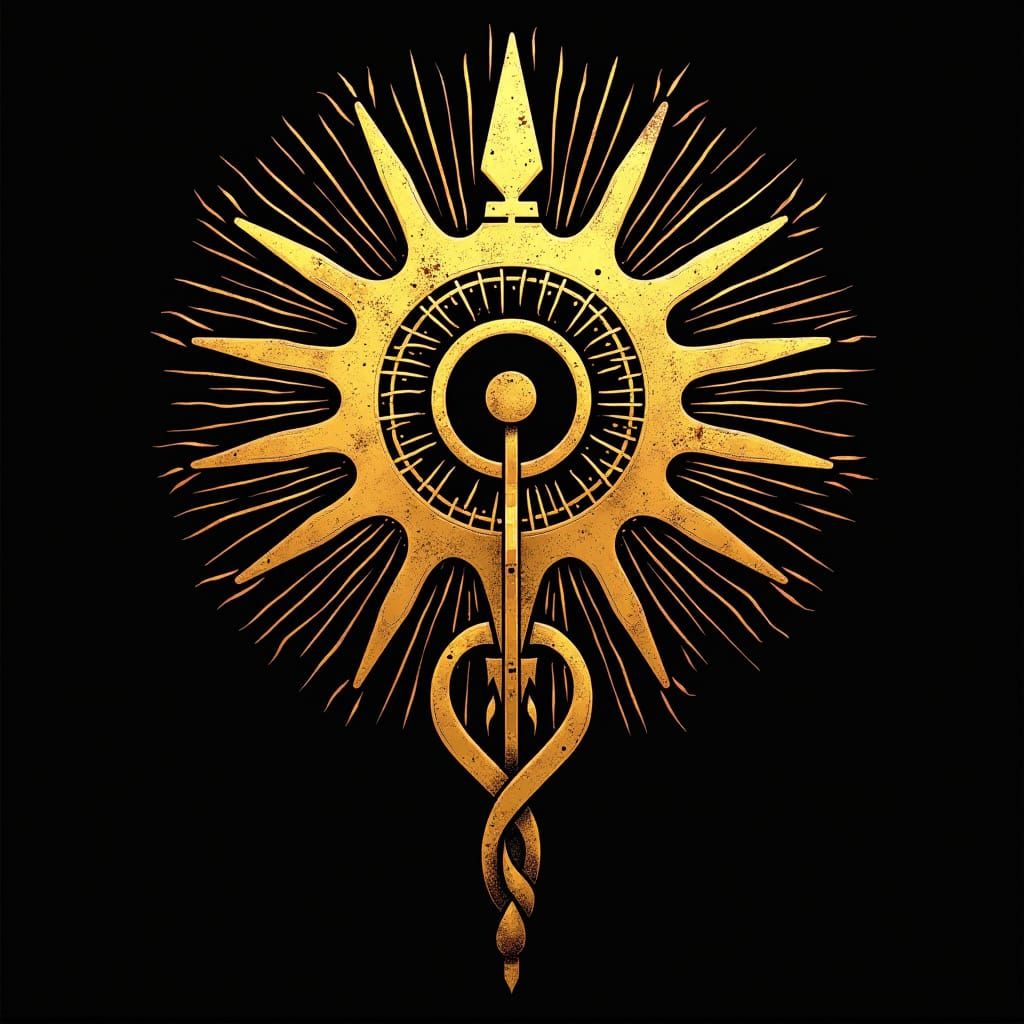 Golden Sigil with Abstract Shapes and Neon Accents