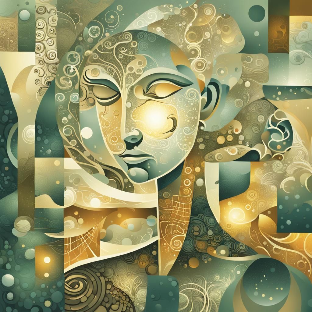 Serene Fantasy Scene in Cubist Impression Style