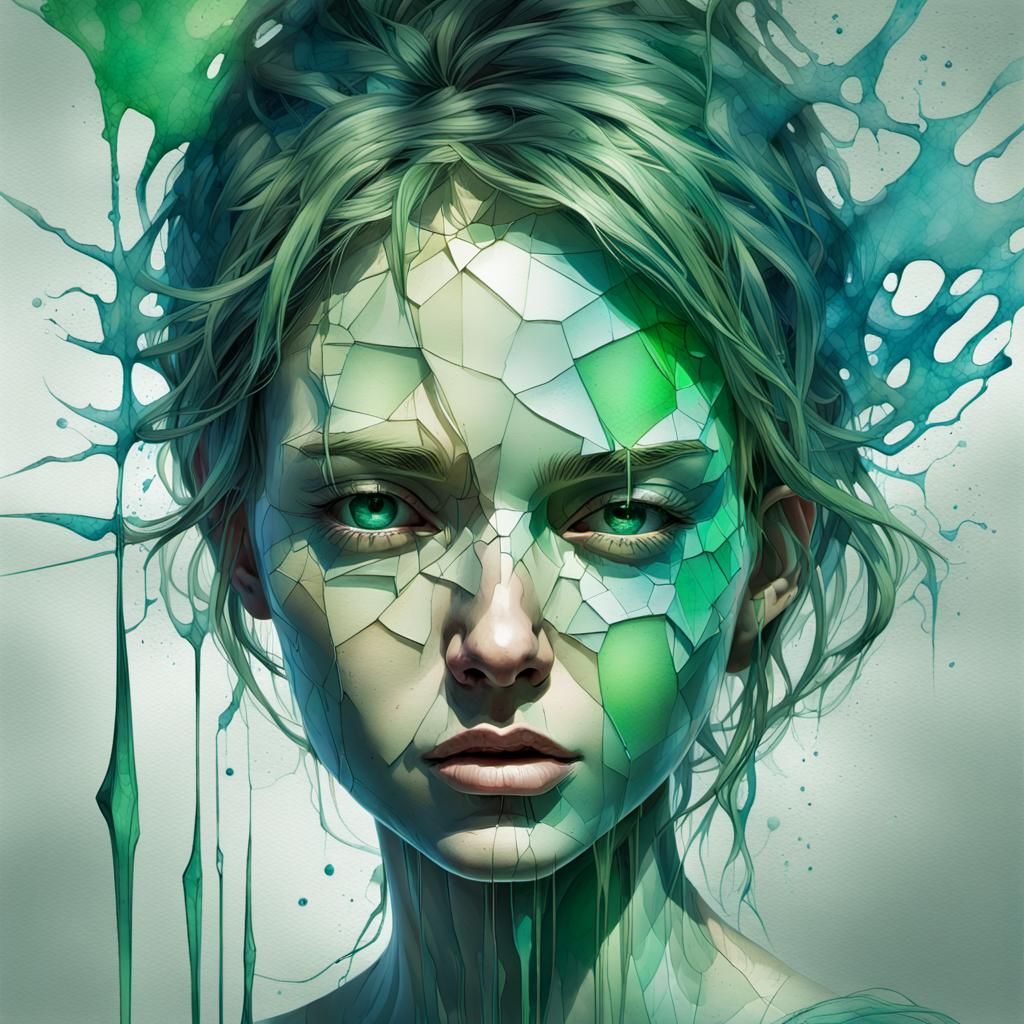 Greenish Glass Face Concept Art with Glitch Effects