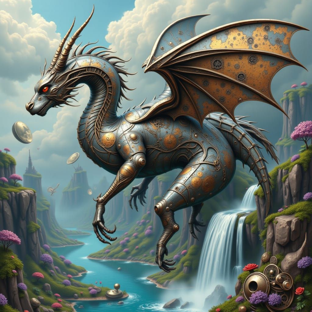 Clockwork Dragon Soaring Through Steampunk Sky