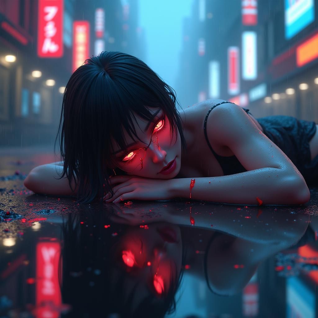 Melancholic Cyberpunk Girl in Rain-Soaked Cityscape
