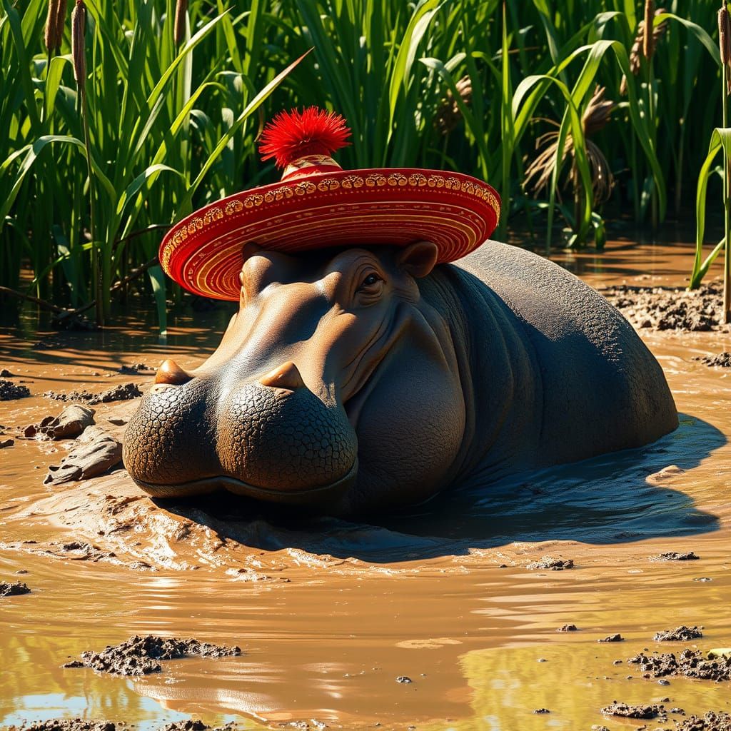Hippo in Sombrero: A Realistic Swamp Scene