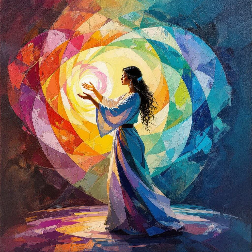 Luminous Figure Shapes Light in Gouache Style