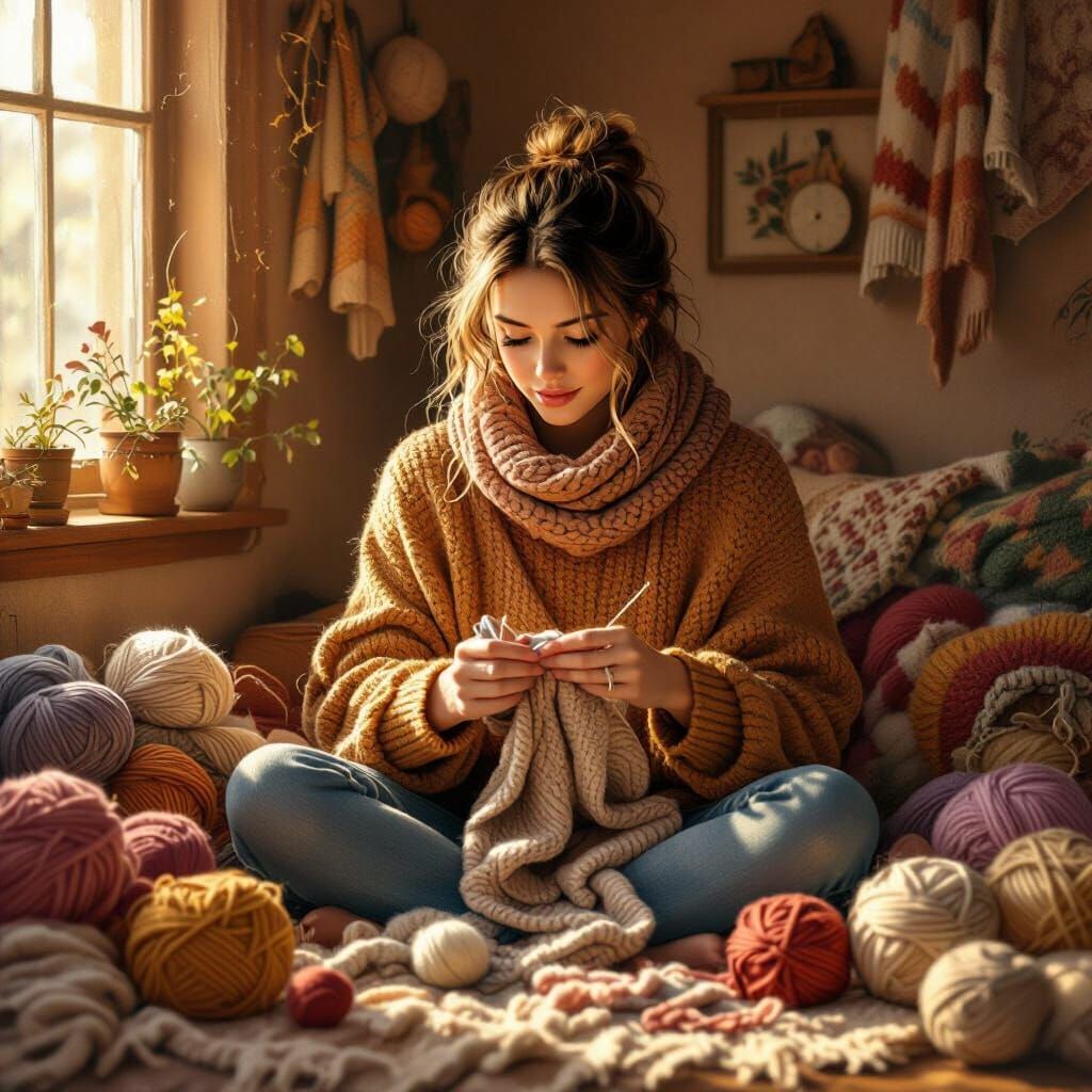 Cozy Knitter in Earthy-Toned Hyperrealism