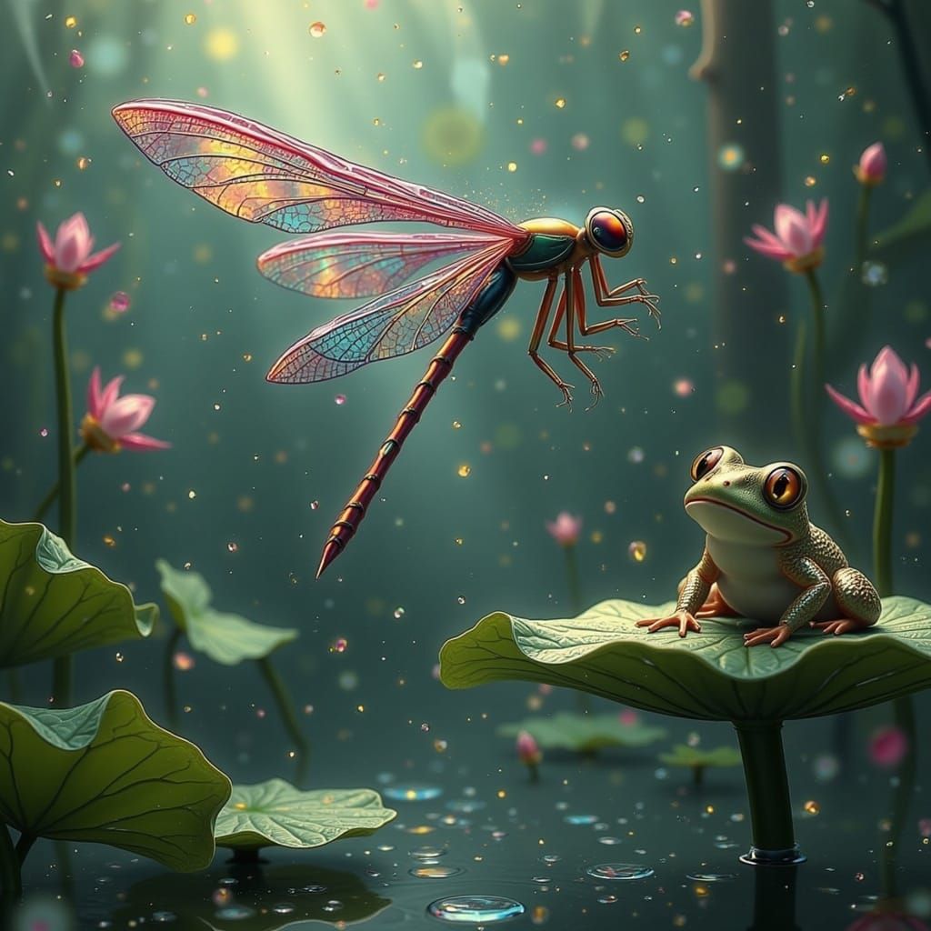 Ethereal Swamp Scene with Dragonfly and Frog