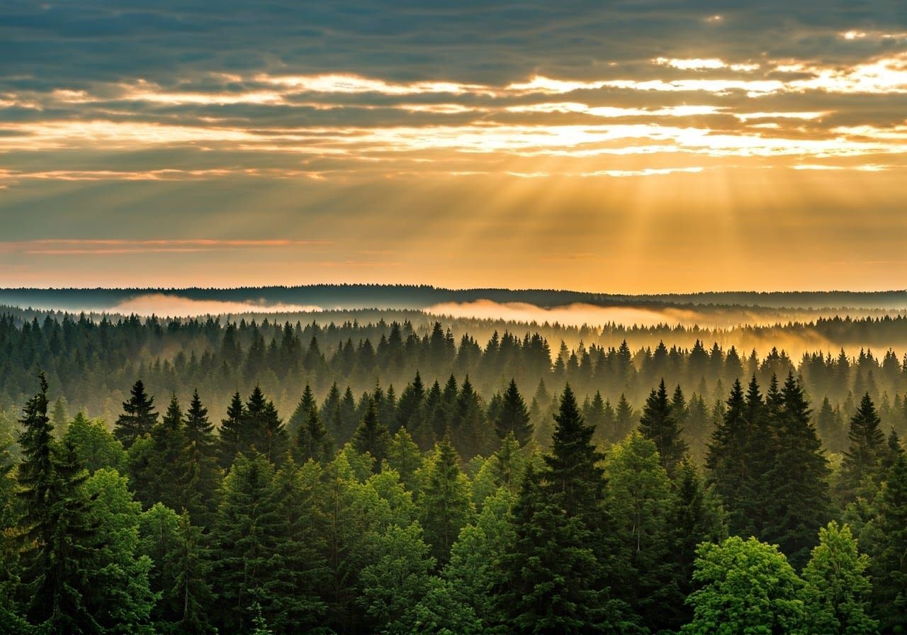 Surreal Dawn in Misty Forest, Inspired by Barbizon Realism