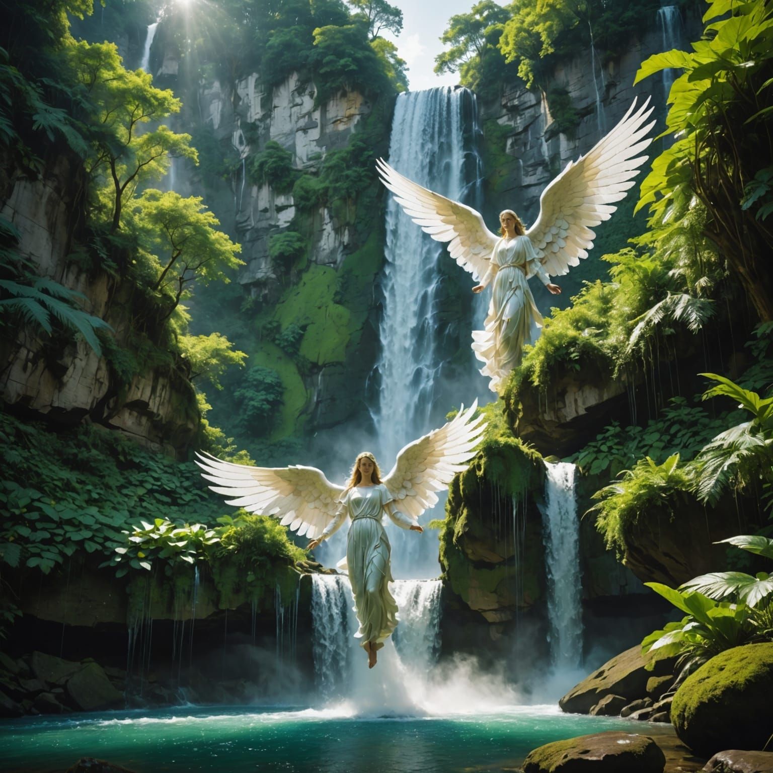Angel and Waterfall Double Exposure Art