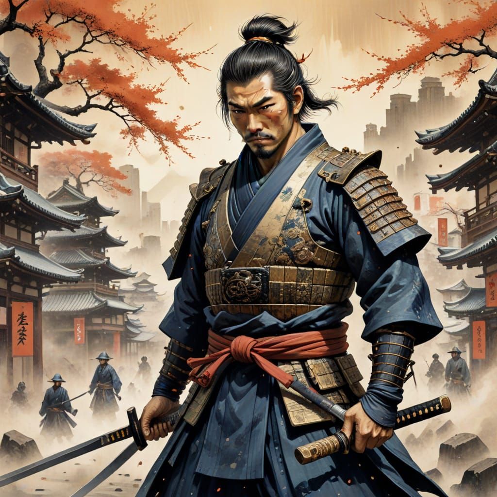Samurai Warrior in Hyperdetailed Ukiyo-e City
