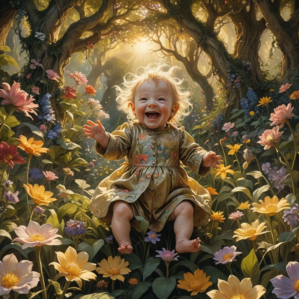 Laughing Baby in Whimsical Fantasy Garden