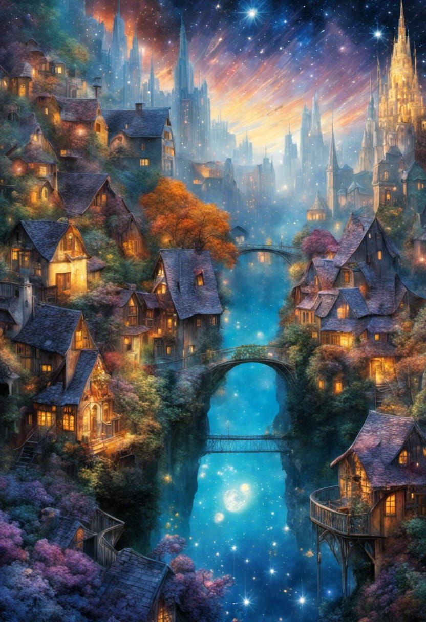 Ethereal Landscape with Glass Buildings in Klimt Style