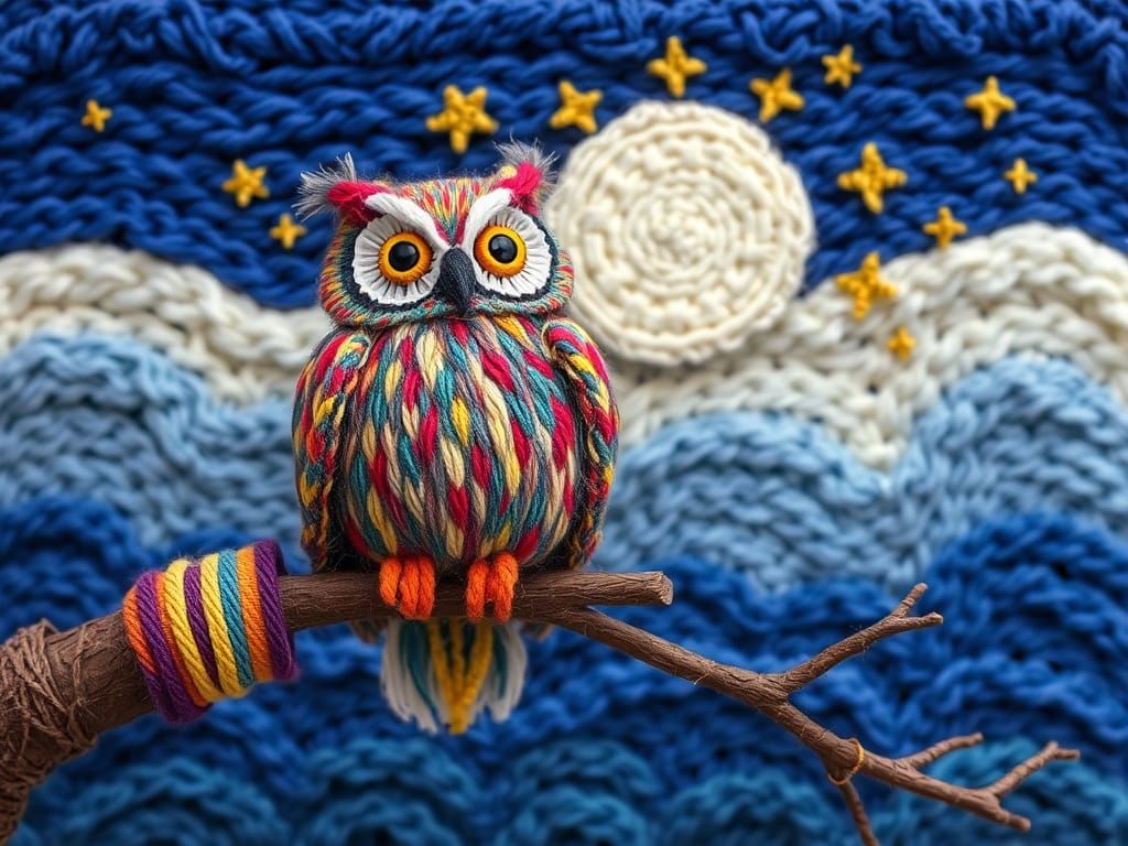 Colorful Knitted Owl on Yarn Branch