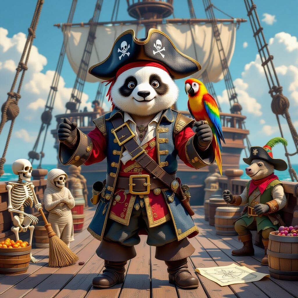 Pirate Panda Captain and Crew in Splash Art Style
