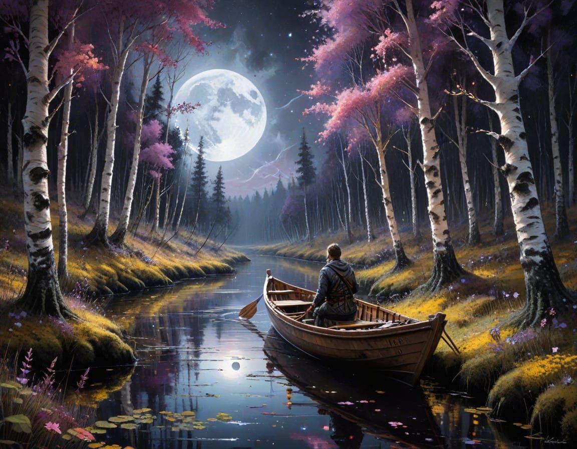 Whimsical Nighttime Scene in a Fantastical Birch Forest