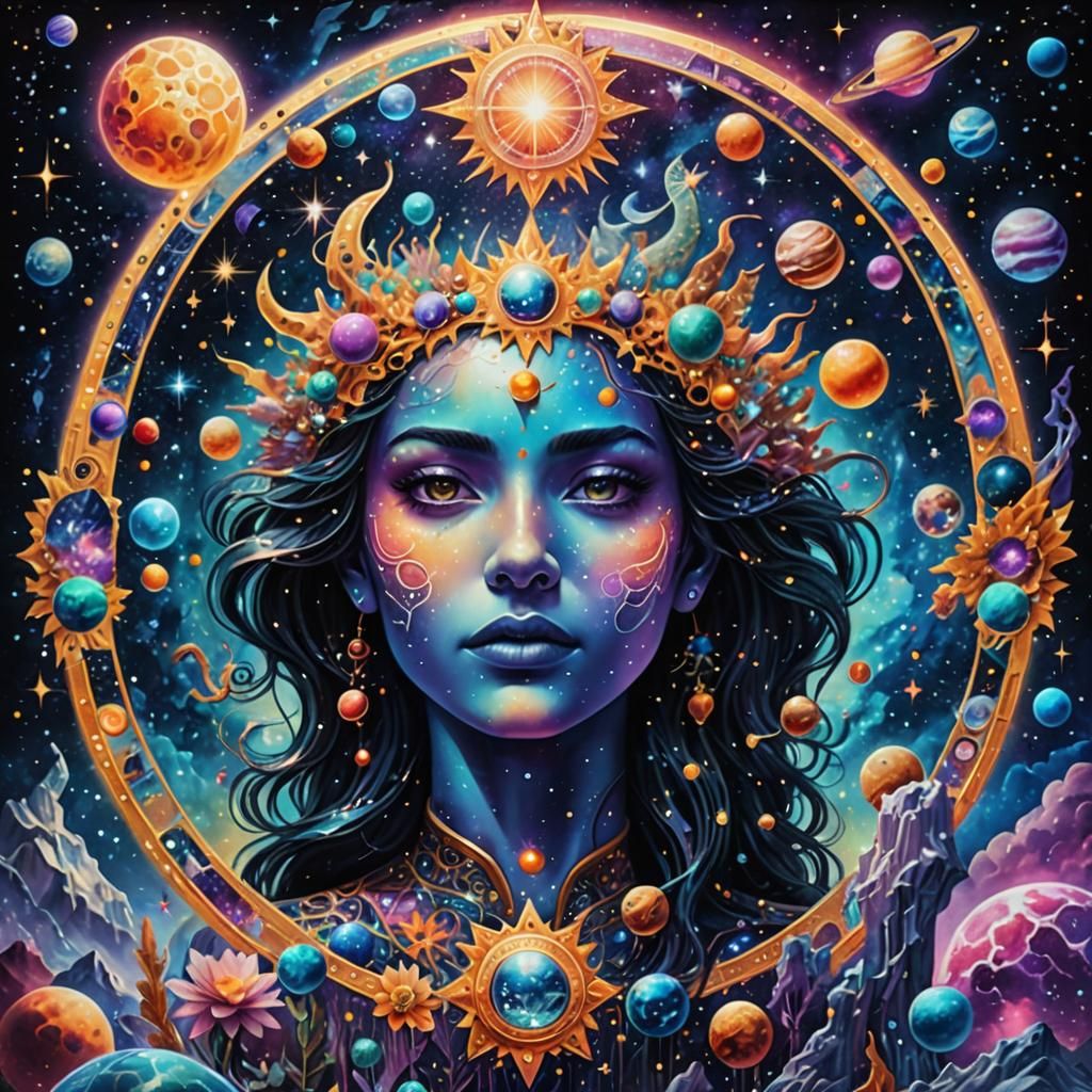 Holographic Astral Dreams: Cosmic Mixed Media Art