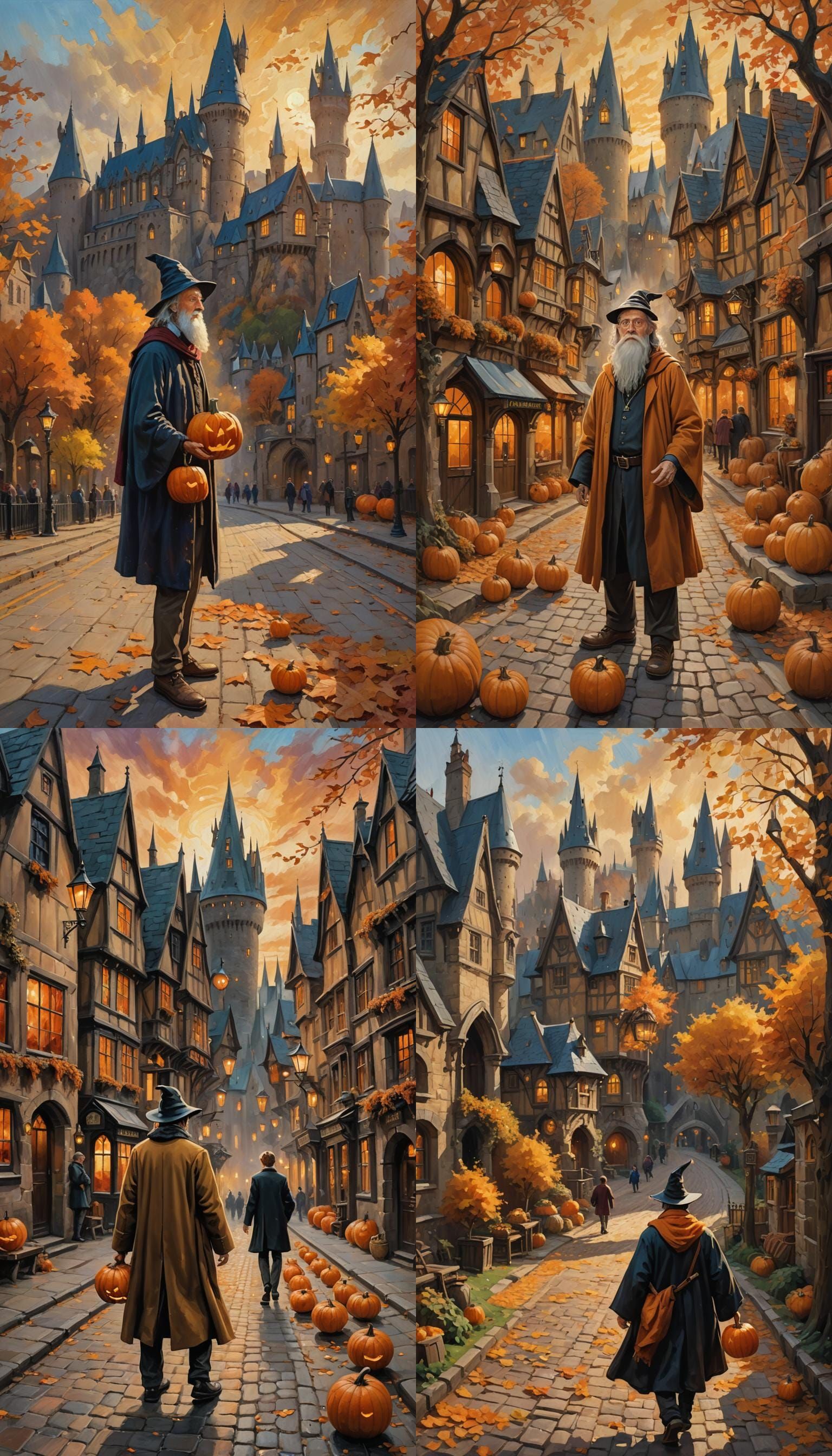 Hogsmeade Street Scene in Autumn, Oil Painting