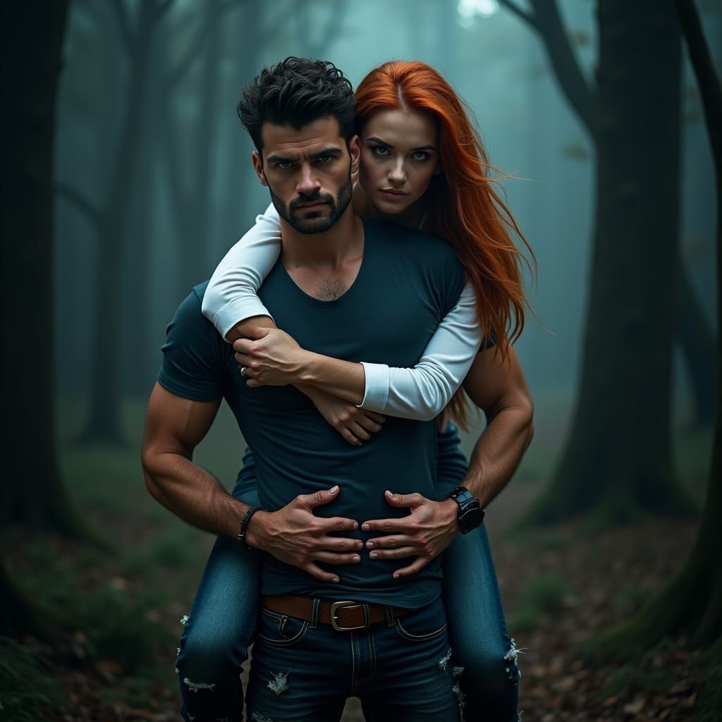 Intense Couple in Misty Forest, Hyperrealistic Rendering