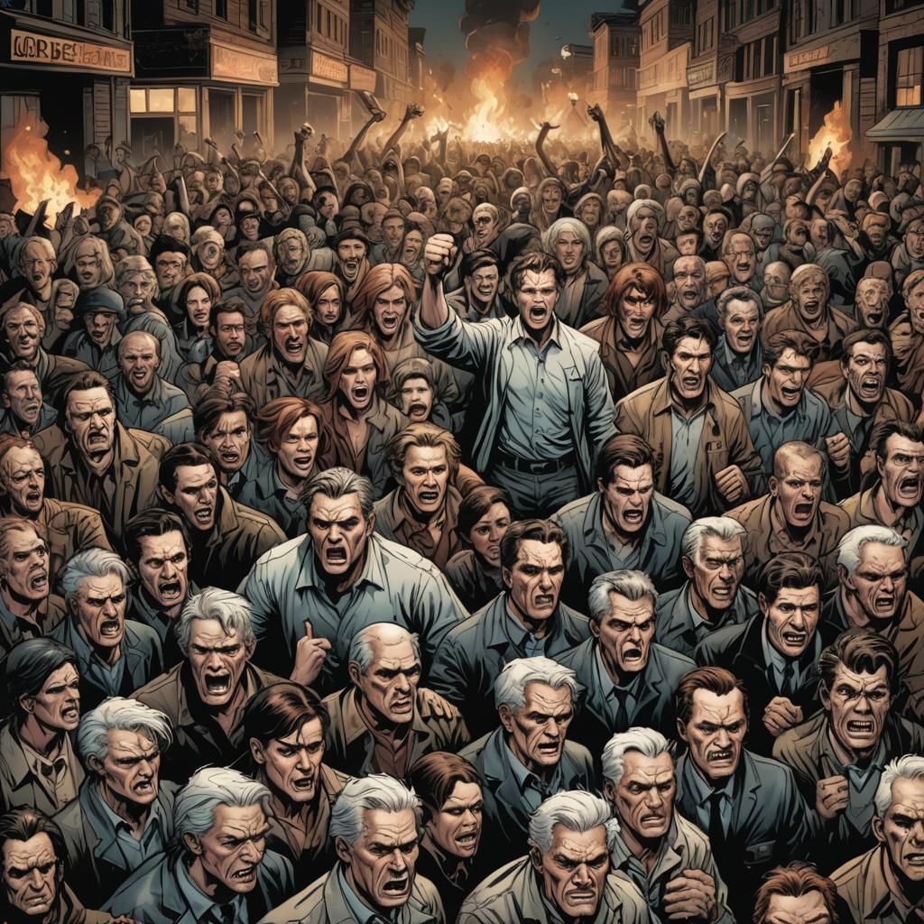 Angry Mob in Comic Book Art Style