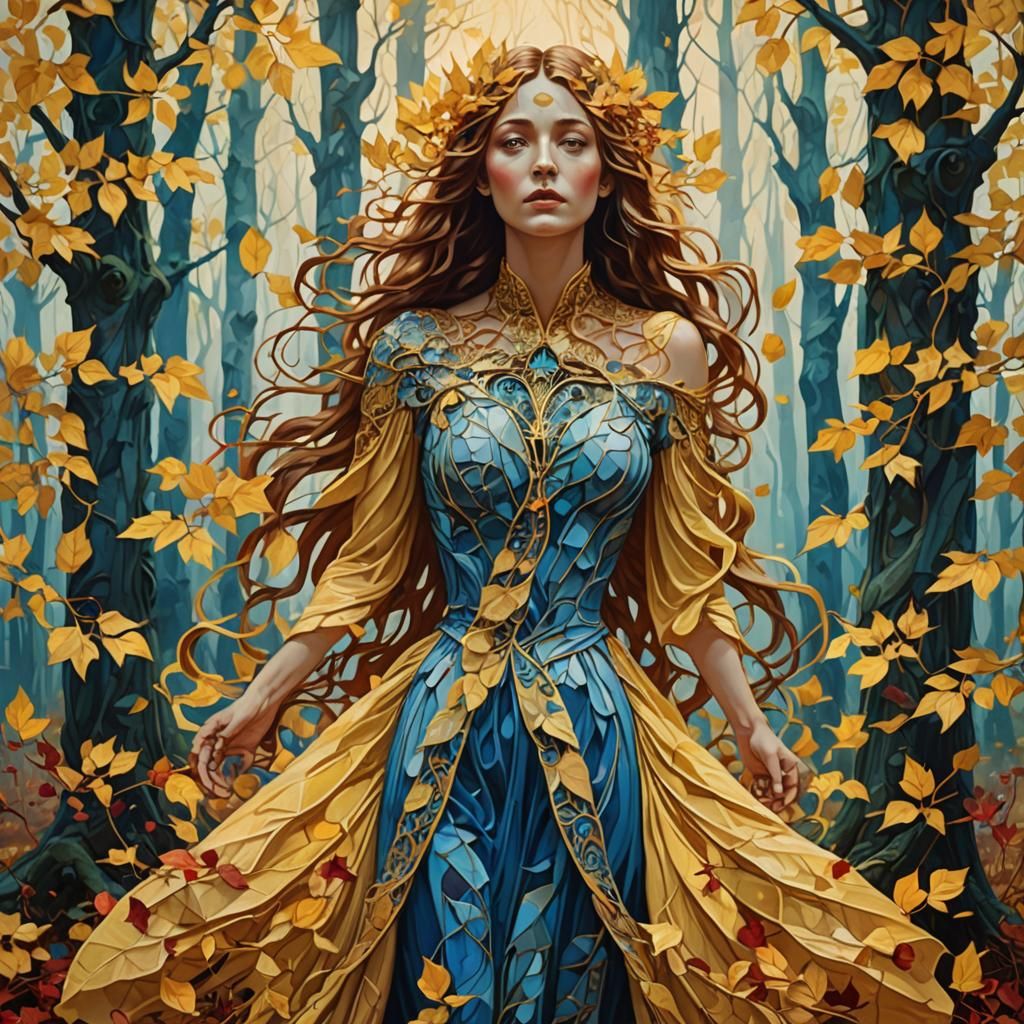 Surreal Woman's Face from Autumn Leaves, Art Nouveau