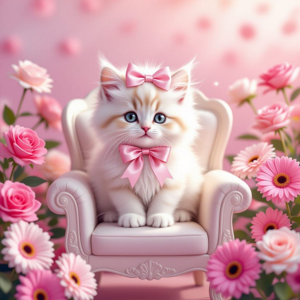 Cute Kitten in Pink Bow on Chair with Roses