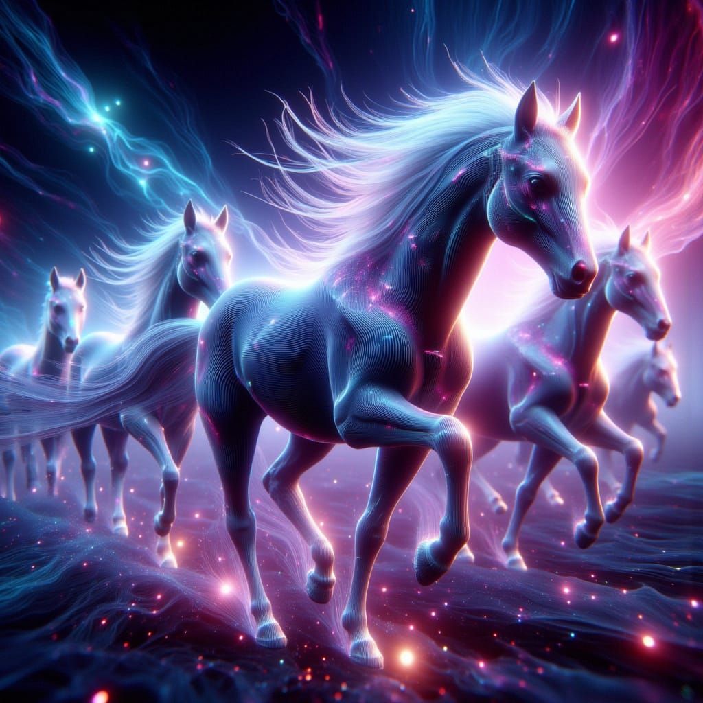 Neon Cybernetic Horses Gallop Through Nebula Sky