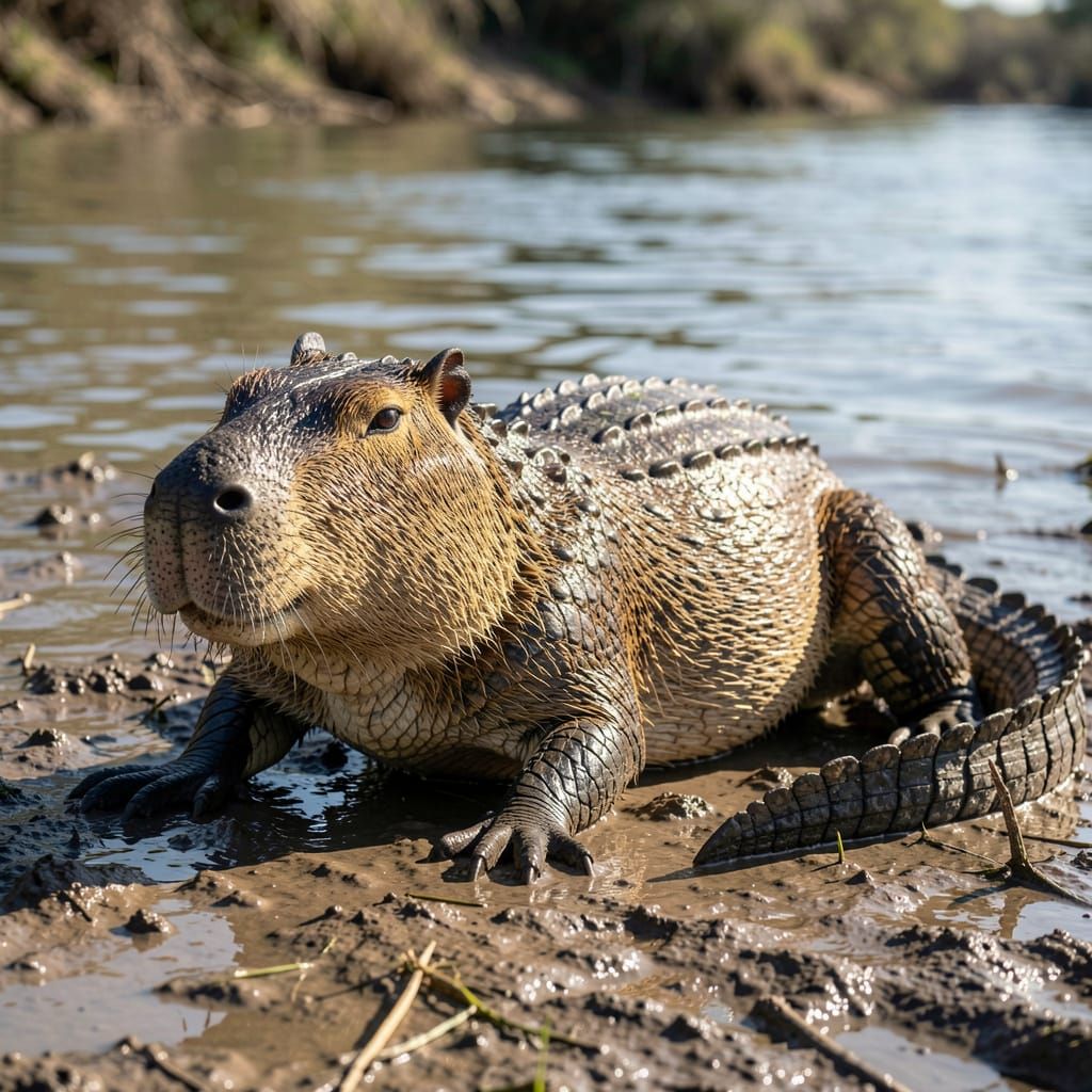 Photorealistic Capybara-Crocodile Hybrid Creature