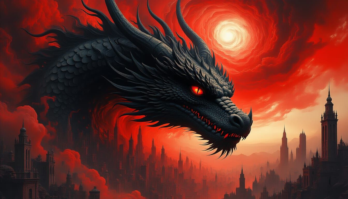 Surreal Dragon Dissolving into Hellish Cityscape