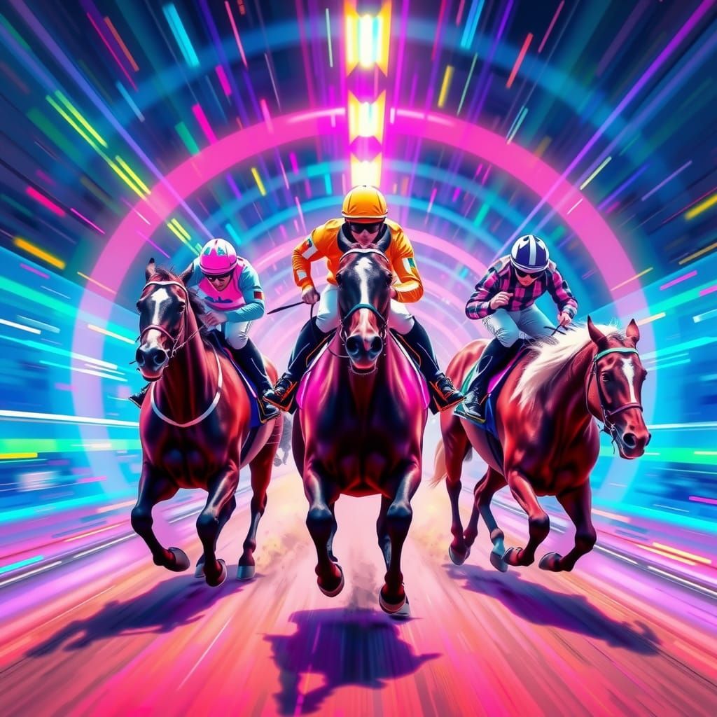 Vibrant Horse Racing Scene in Neon Color