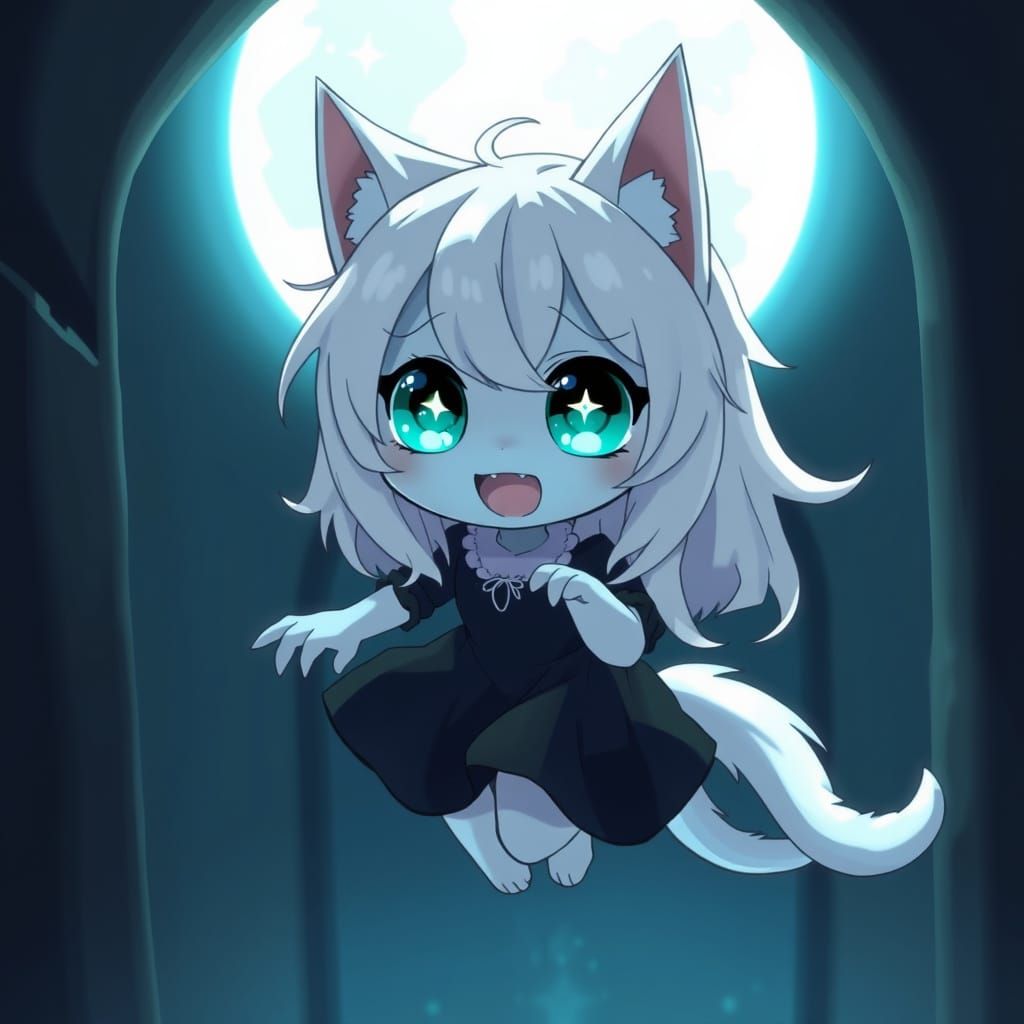 Spooky Anime Catgirl Ghost in Cold Colors