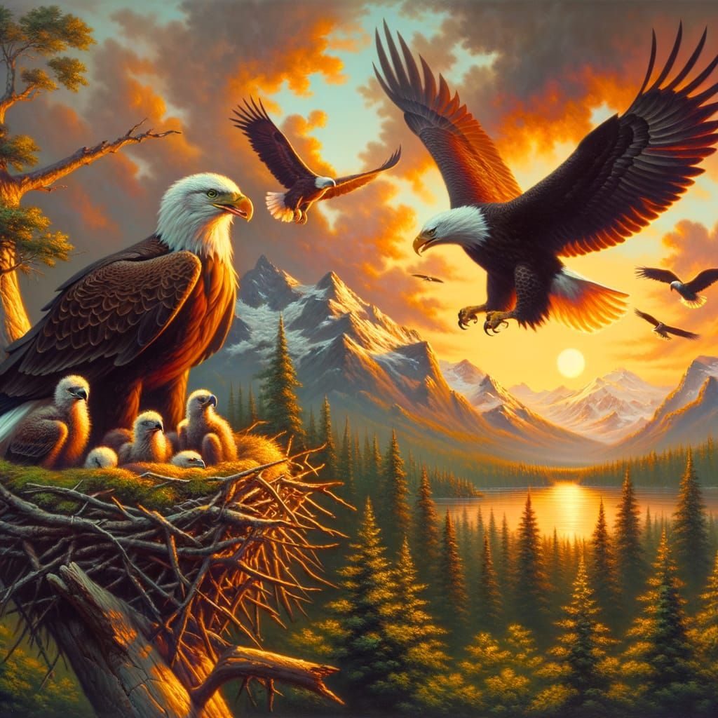 Bald Eagles Amidst Majestic Mountains at Sunset