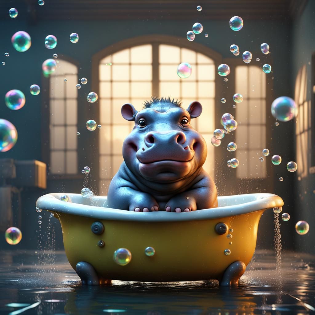 a baby hippo in a bathtub with bubbles🦛