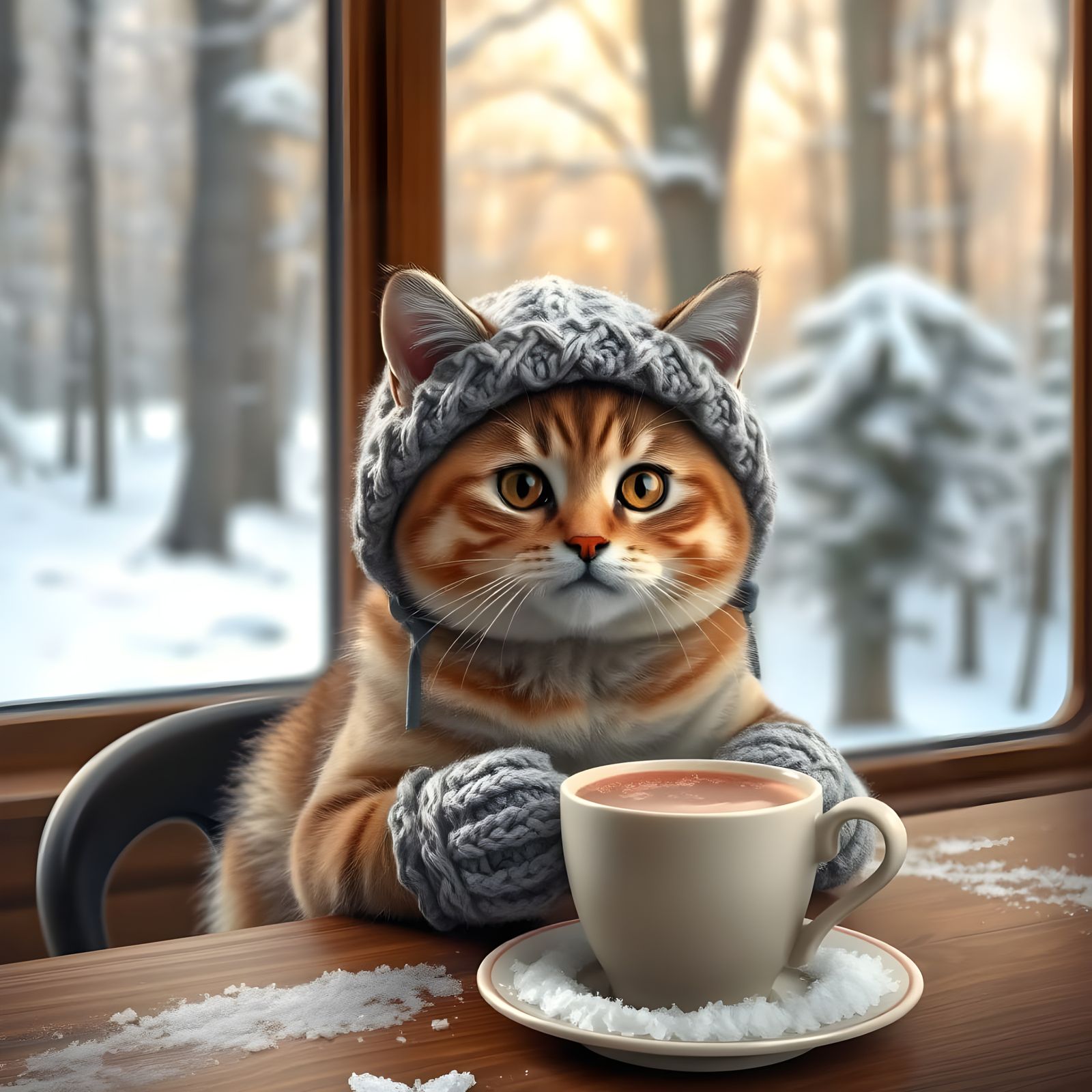 Kitty Cat Sipping Hot Chocolate by Snowy Woods in Winter Won...