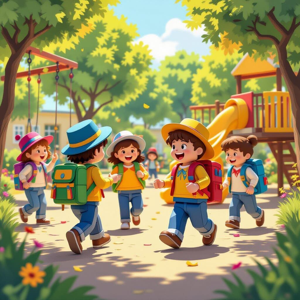 Lego Students Playing Tag in a Playground