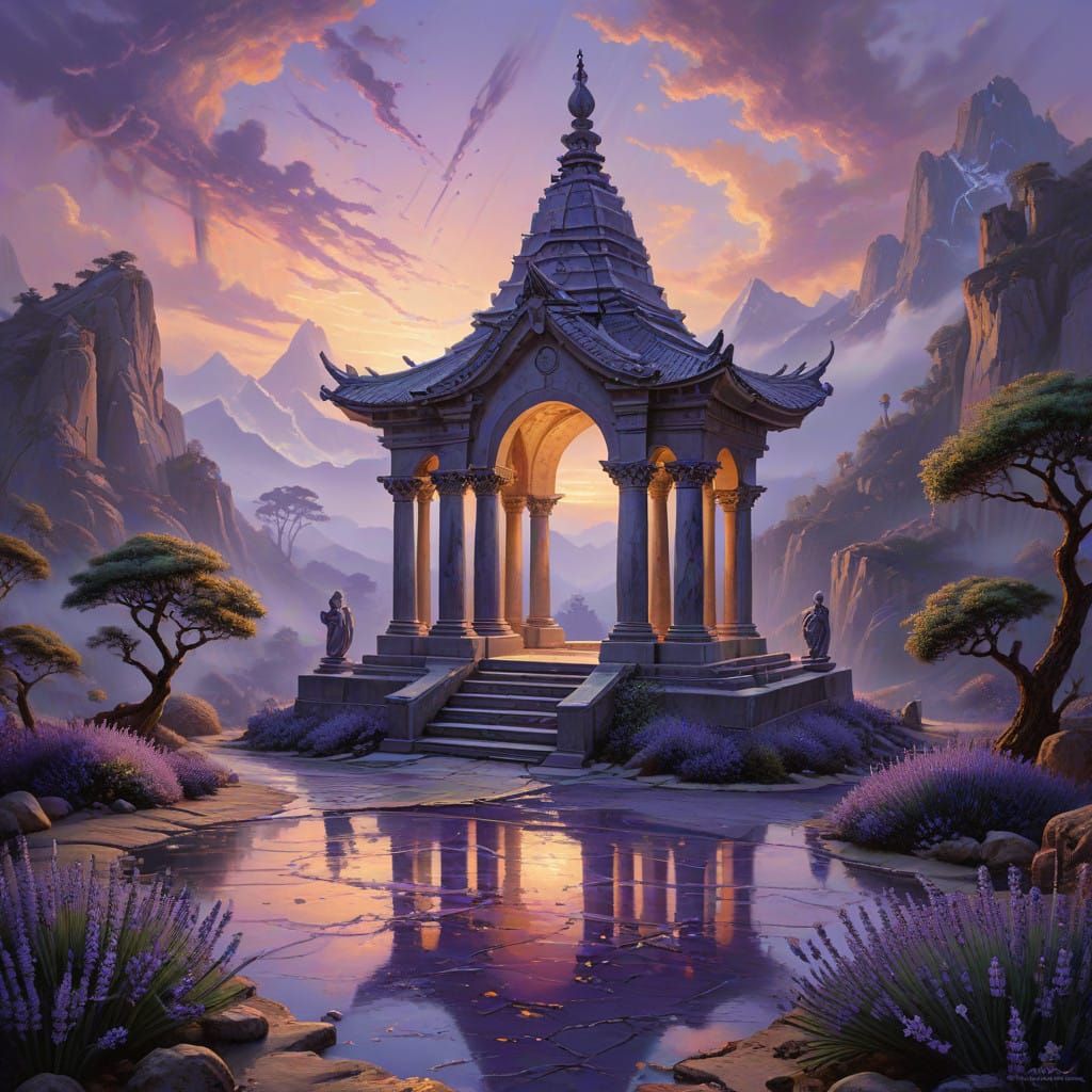 A tranquil temple bathed in lavender light as the sun sets. Vanilla beans and tonka pods are arranged in intricate patte...