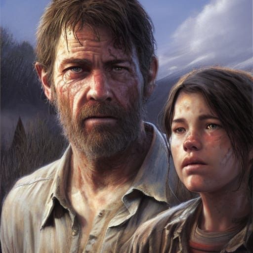 Joel and Ellie in Zombie Apocalypse, Oil Painting