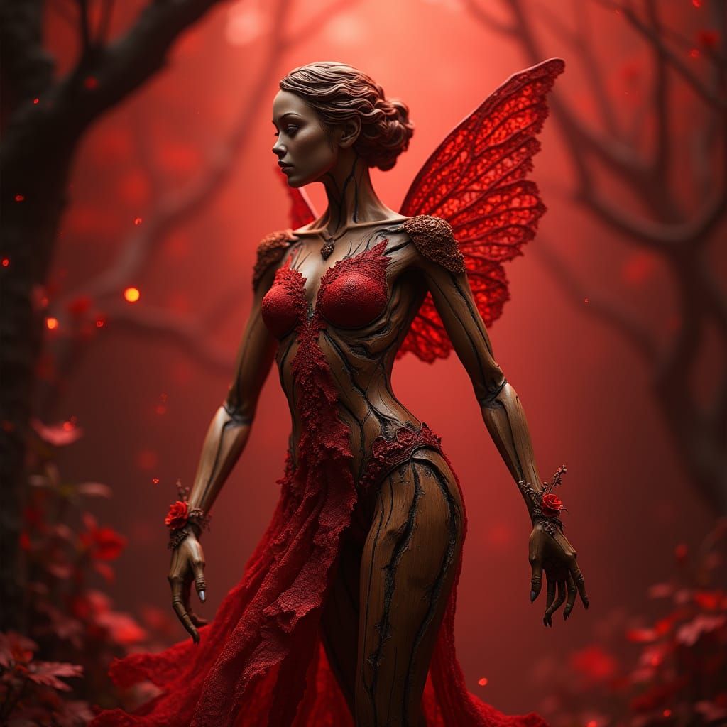 Wooden Fairy Dancer in Crimson Light