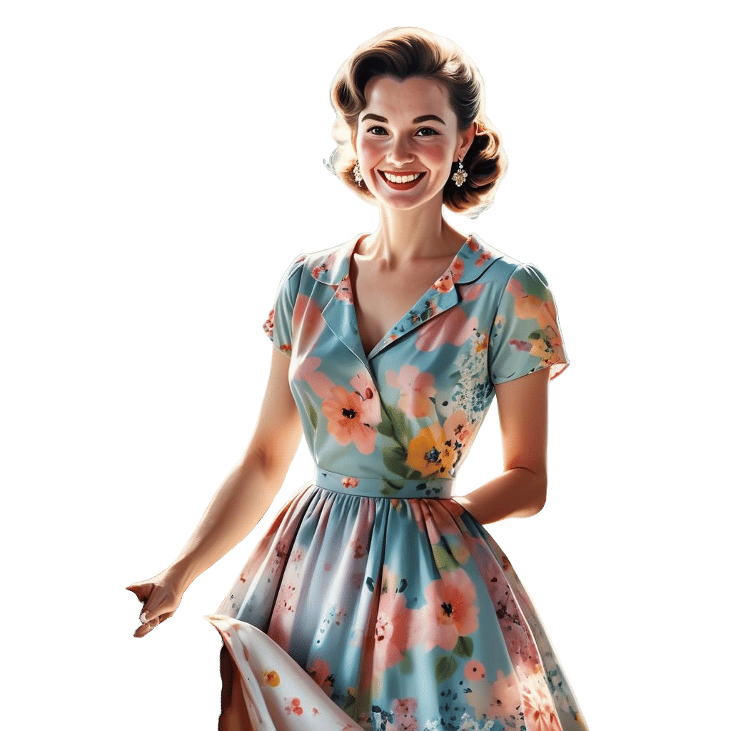 Smiling 50s Housewife Cooking Breakfast: Hyperrealistic Spla...