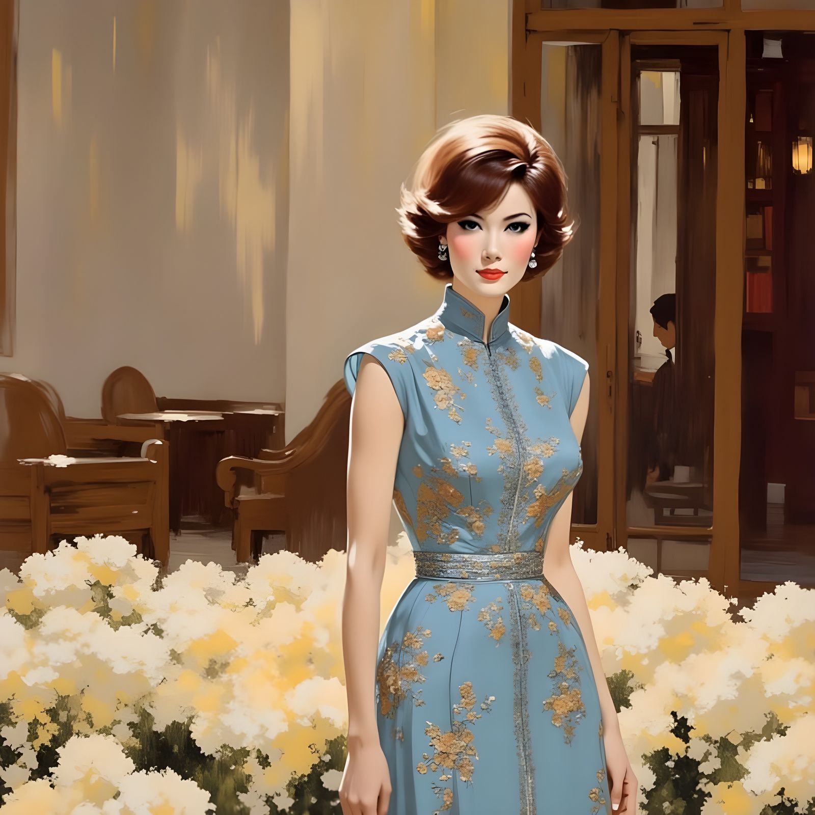 Asian Woman in Qipao Dress with Abstract Flair