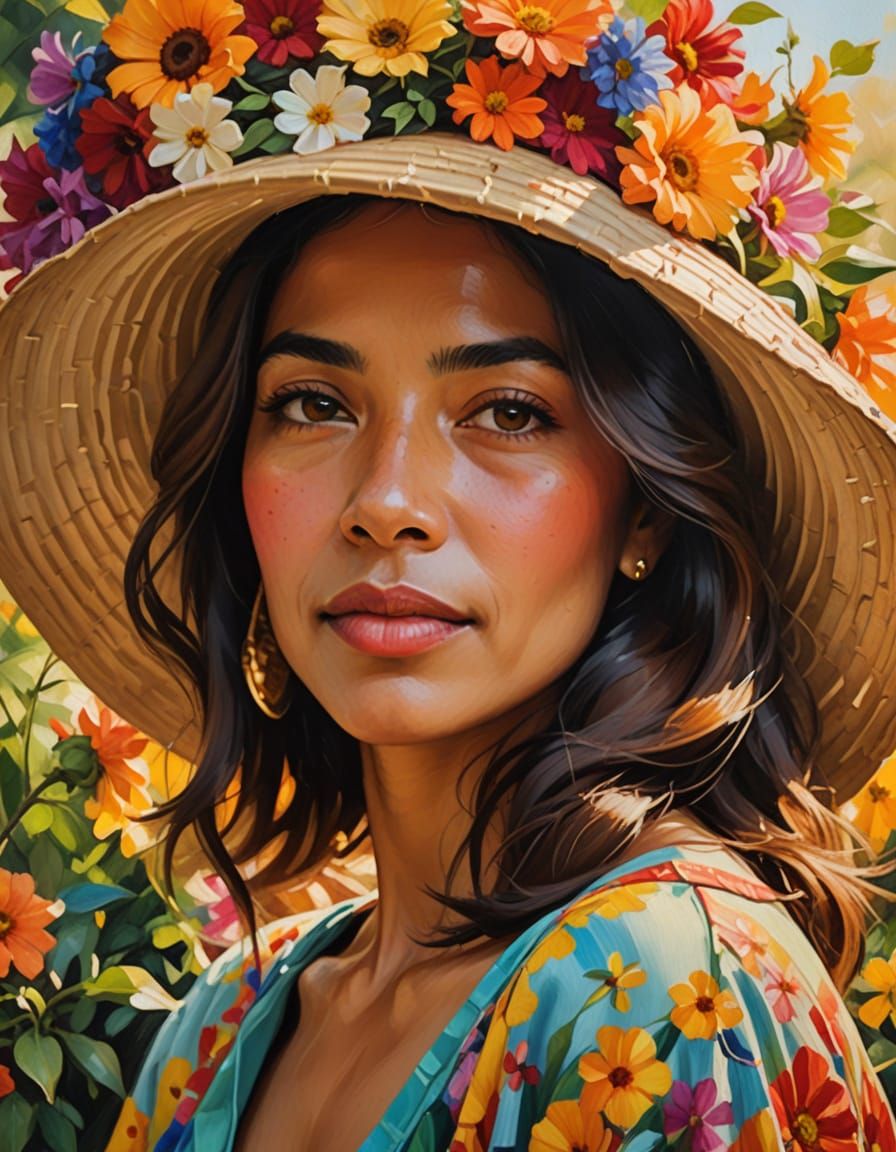 Hispanic Woman in Floral Sun Hat Oil Painting