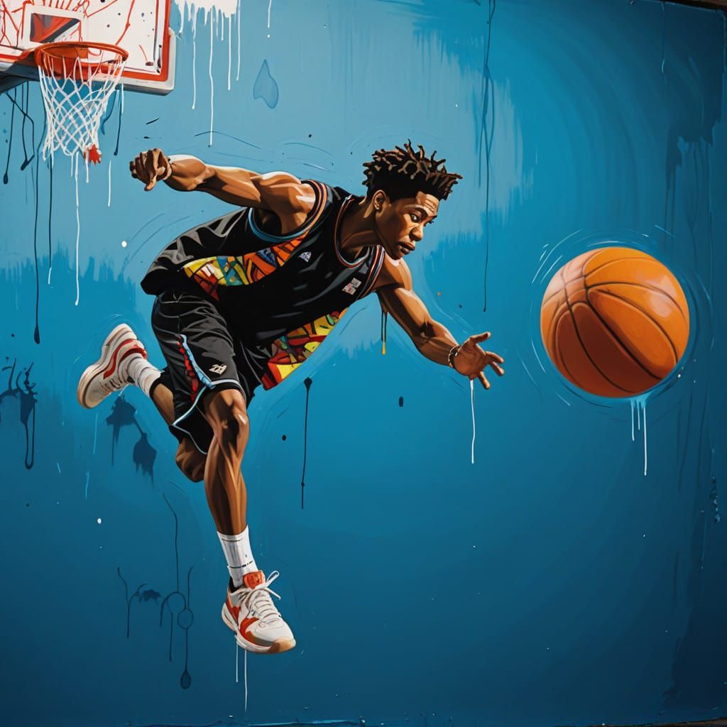 Athlete in Mid-Air, Surrounded by Vibrant Graffiti Art