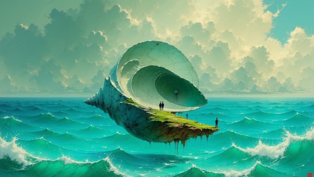 Mythical Shell Above Ocean Waves in Ethereal Style