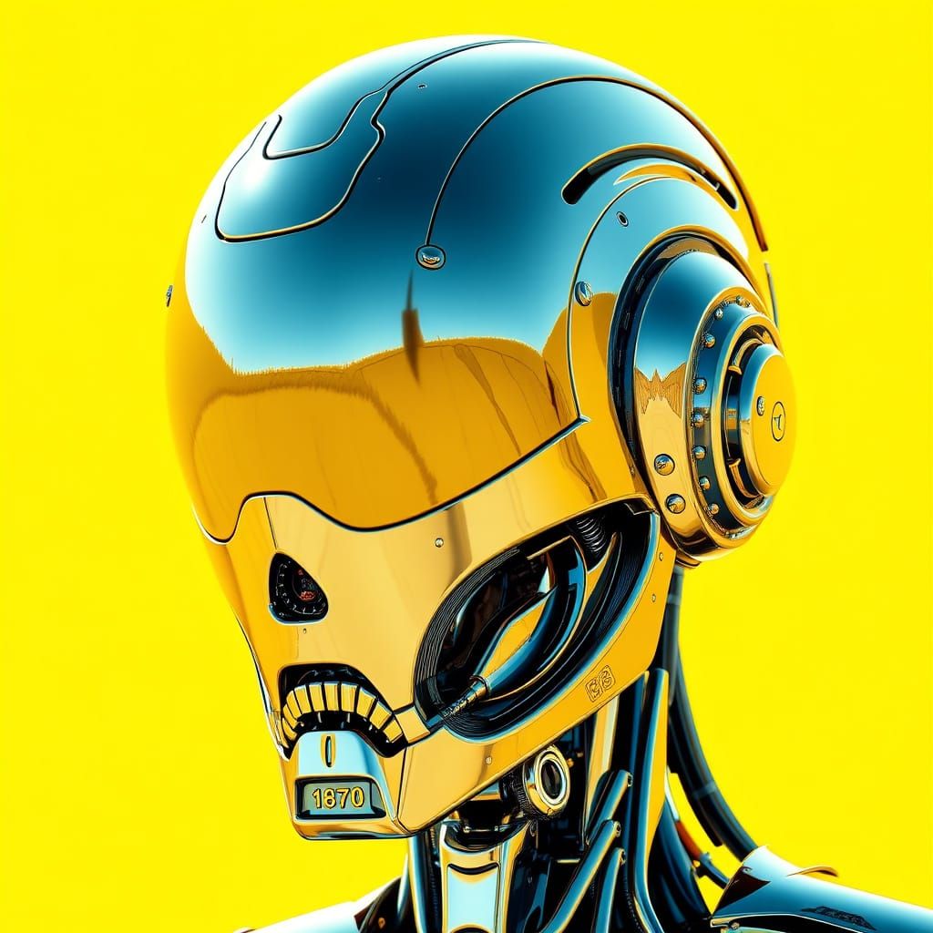 Chrome Robot Head in Futuristic Yellow Landscape
