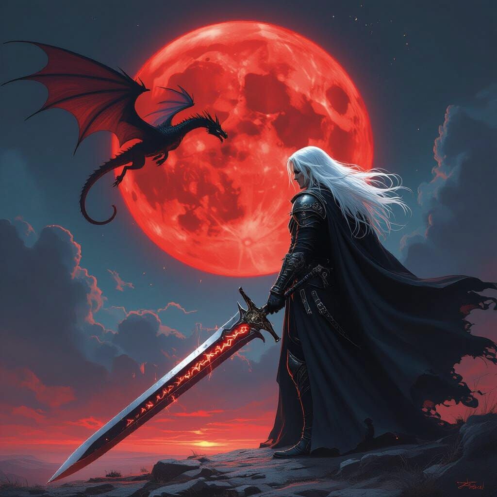 Elric With White Hair And Stormbringer Confronts Red Moon
