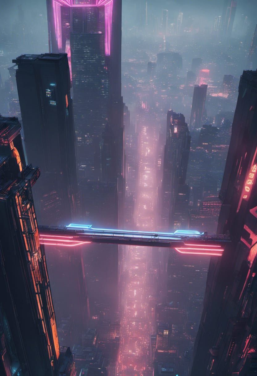 Cyberpunk Skybridge Overlooking Futuristic Cityscape