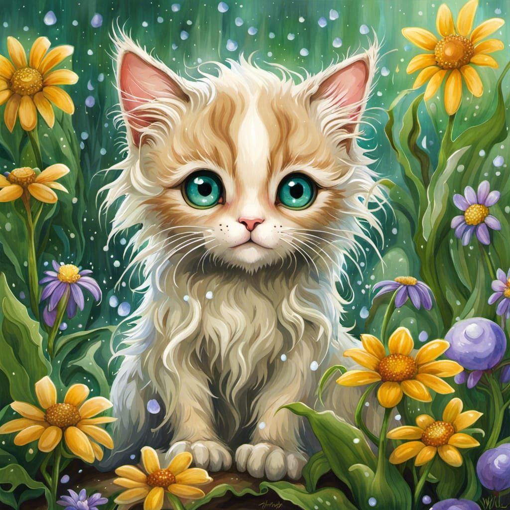 Adorable Wet Kitten in Summer Meadow: Digital Art