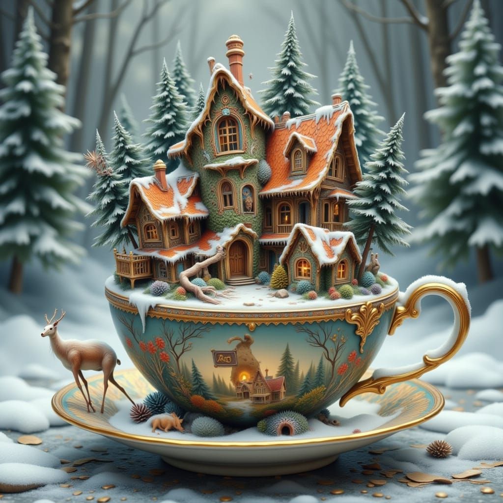 Whimsical Teacup Cityscape with Wonky Houses