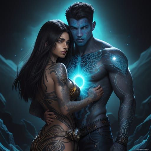 Teen Couple with Glowing Tattoos in Ancient Ruins