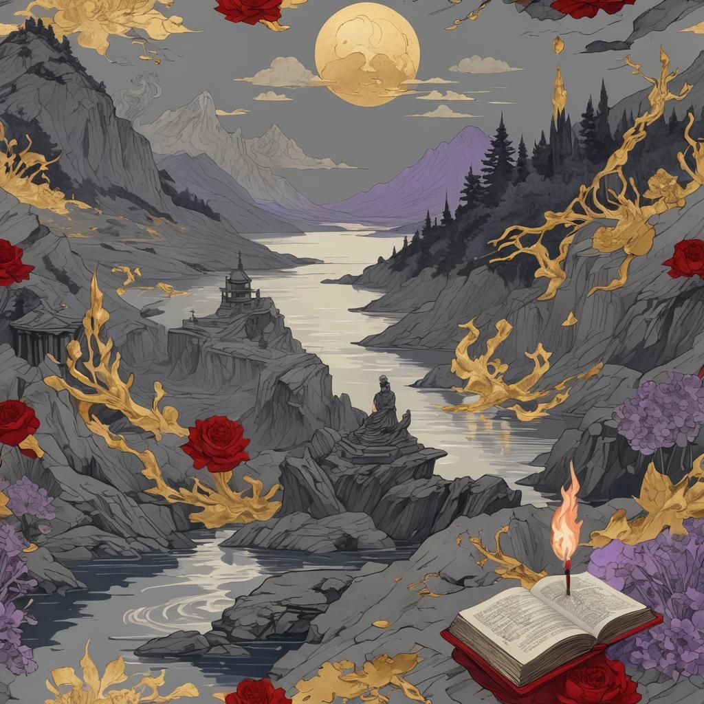 Surreal Temple Overlooking Lake in Art Deco Style