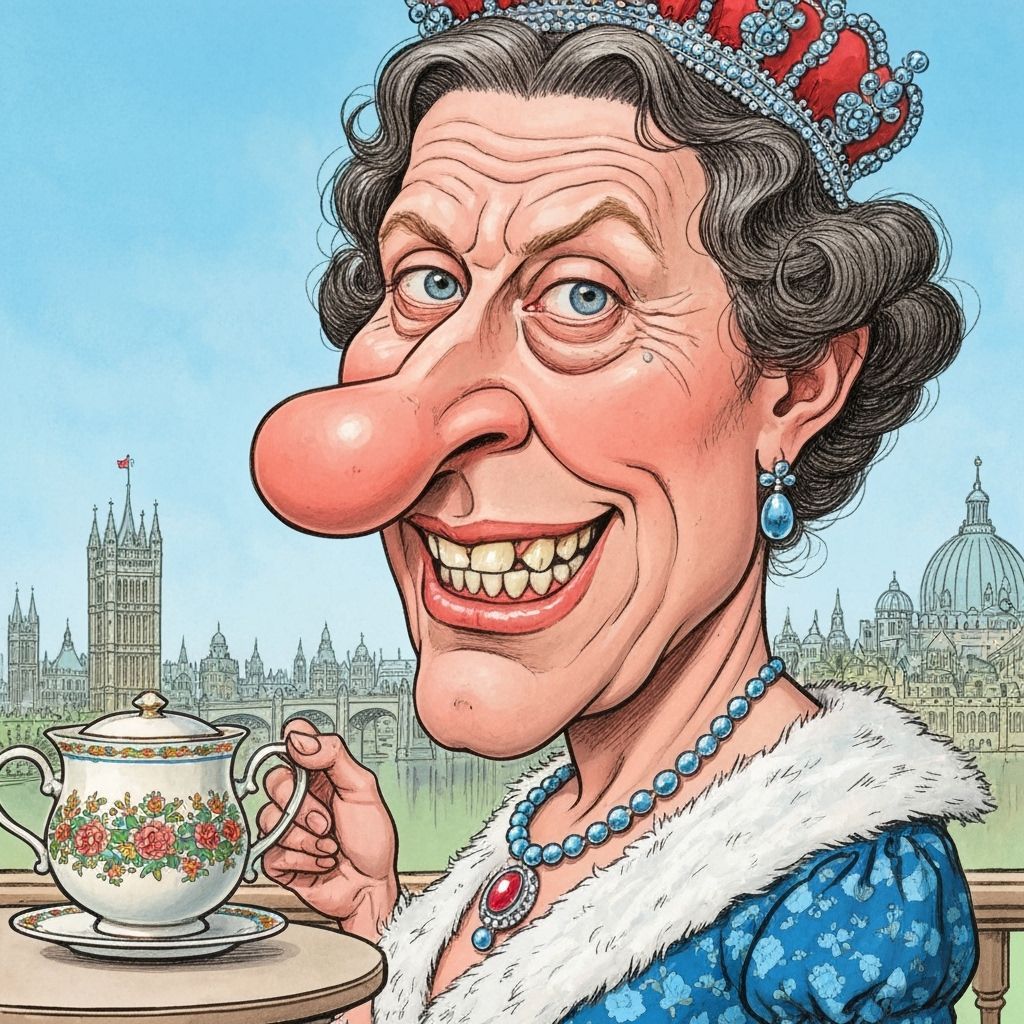 Funny Caricature of Queen Elizabeth Drinking Tea